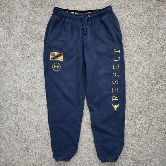 Under Armour Project Rock Sweatpants Men Navy Gold Patriotic Respect Spell Out L - Picture 1 of 6